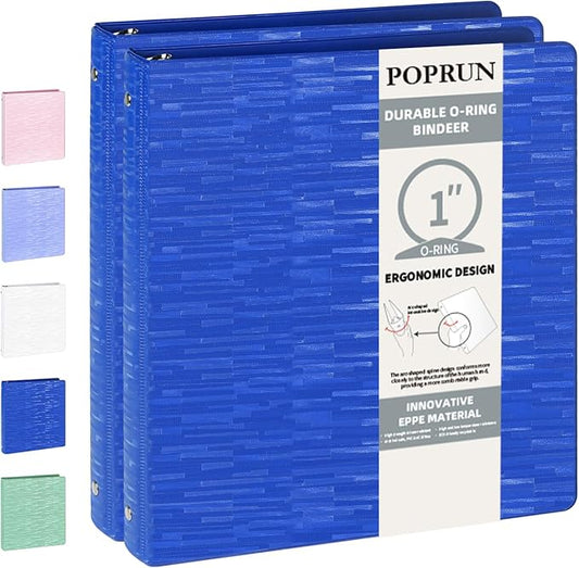 POPRUN 3 Ring Binder 1 Inch, PVC-Free, Holds 175 Sheets of 8.5 x 11 Paper, Extra Durable Organizer with 2 Pockets for School & Office, Heavy-Duty, 2 Pack, Prussian Blue